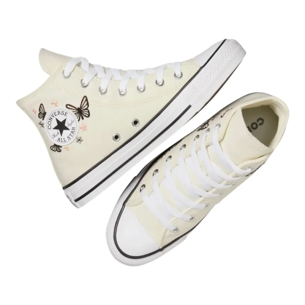 Converse Kids High Top Boots in Cream with Black and Pink Butterfly Embroidery